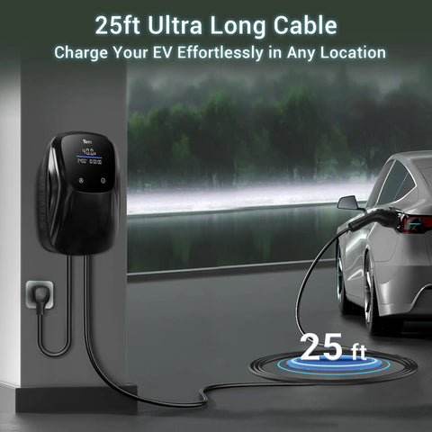 Level 2 Electric Vehicle Charger J1772 40 Amp 240 Volt Home Evse With Nema 14 50 Plug 25 Ft Cable ETL Certified with 25ft long cable in use.