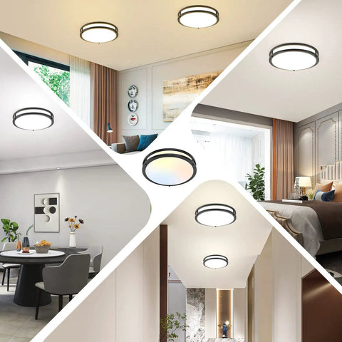 Two Pack 36W LED Ceiling Lights Black 13 Inch Flush Mount 3600 Lumens in kitchen, living room, bedroom installation views