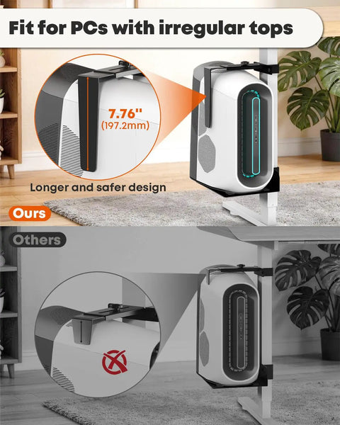 Under Desk Computer Mount For Standing Desks Clamp On PC Holder for irregular top PCs, vertical design, fits up to 7.76 inches deep.