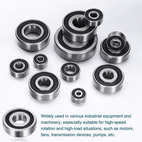 Assortment of deep groove ball bearings with double rubber seals, high carbon chrome steel for heavy machinery and DIY projects.