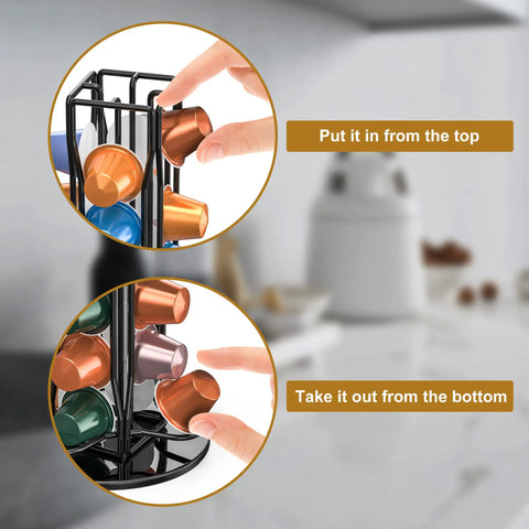 Rotating Nespresso OriginalLine Pod Holder Carousel For Countertop, 40 Pod Capacity in use, hand inserting and removing pods