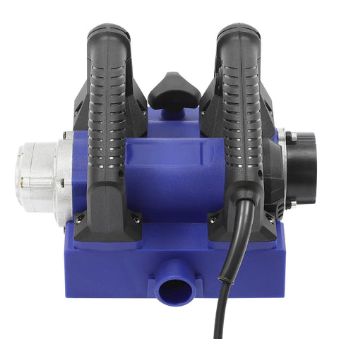 Heavy Duty Electric Wall Planer With A Hella Potent 1300W Motor And Razor Blades For Scraping Putty And Wall Paint Fast 1000 To 4000 Rpm Adjustable Angle Roller And Sturdy Carry Case In Blue. Top view of electric wall planer with dual grips.