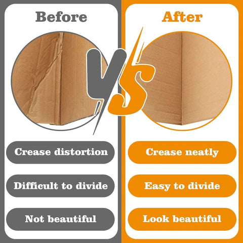 Before and after using Pro Grade Dual Size Box Resizer Tool Set with 0.5mm and 1.2mm CAMs for clean scoring on cardboard.