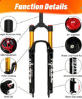 Air Mountain Bike Suspension Fork For 26 27.5 29 Inch Bikes Built For Rough Trails 120mm Travel 9mm Quick Release Disk Brake Compatible Manual Or Remote Lockout Straight Or Tapered Steerer Lightweight Aluminum Magnesium Alloy Front Fork details