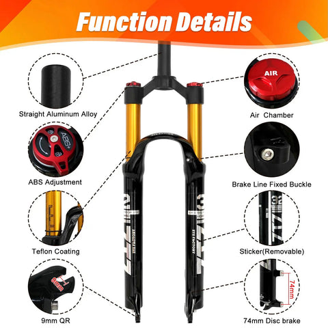 Air Mountain Bike Suspension Fork For 26 27.5 29 Inch Bikes Built For Rough Trails 120mm Travel 9mm Quick Release Disk Brake Compatible Manual Or Remote Lockout Straight Or Tapered Steerer Lightweight Aluminum Magnesium Alloy Front Fork details