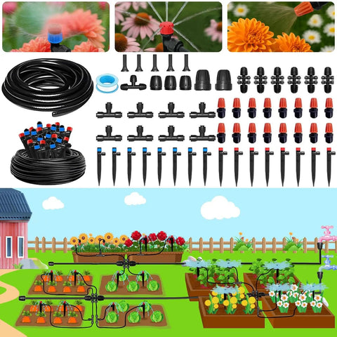 Smart Outdoor Drip Irrigation System with Quick Connect Tubing and Adjustable Sprinkler Heads in greenhouse setup illustration