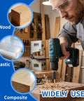 Top Shelf 16 Piece Adjustable Countersink Drill Bit Set Boasts A Hella Smooth Cut 3 In 1 Wood Screw Kit shown on wood, plastic, and composite surfaces.