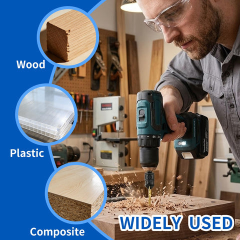 Top Shelf 16 Piece Adjustable Countersink Drill Bit Set Boasts A Hella Smooth Cut 3 In 1 Wood Screw Kit shown on wood, plastic, and composite surfaces.