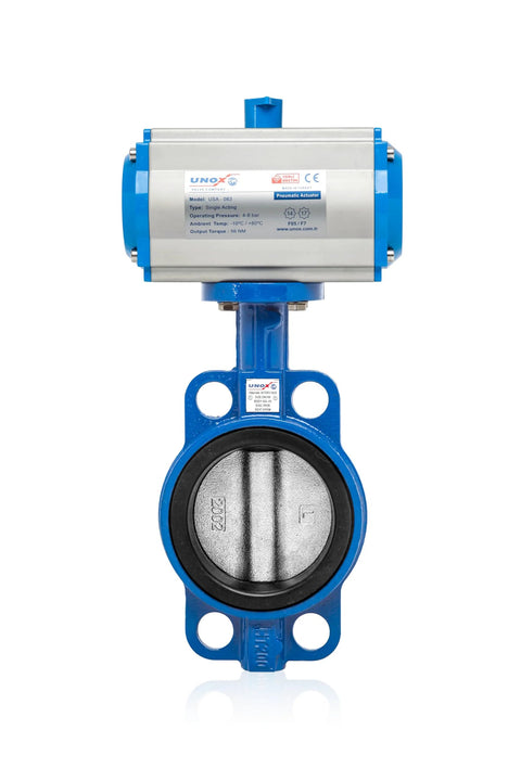 UNOX pneumatic actuated butterfly valve, wafer type DN125 5 in, blue body with stainless steel disc, front view