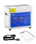 VEVOR 3L ultrasonic cleaner with heated function; stainless steel tank, blue digital panel, front view with power cord and metal basket.