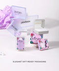 Elegant gift-ready packaging for Jewseen jewelry, featuring flower designs and white boxes with purple accents.