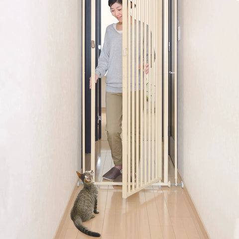 Tough As Nails Extra Tall Cat Gate Heavy Duty Steel Barrier With Foolproof Paw Lock Fits Doorways One Way Swing Door in use with cat.