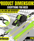 Auto Retractable Ratchet Straps 1 Inch By 12 Foot 1760 Pound Break Strength Four Pack Neon Green Tie Downs diagram