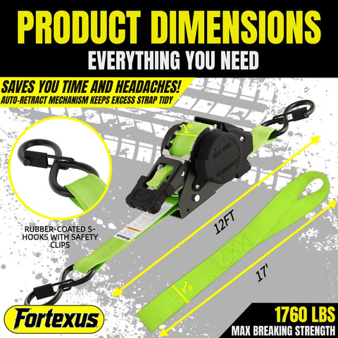 Auto Retractable Ratchet Straps 1 Inch By 12 Foot 1760 Pound Break Strength Four Pack Neon Green Tie Downs diagram