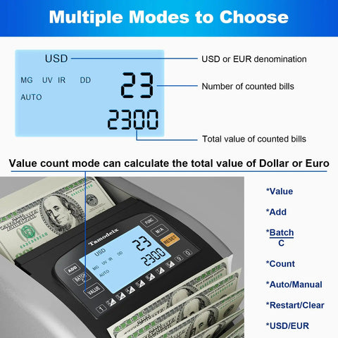 Smart Money Counter Machine For Cash Bills With UV MG IR Counterfeit Detection And LCD Display showing dollar bill count and total