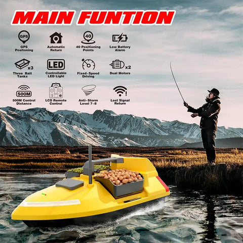 Glow In The Dark RC Bait Boat With GPS Autopilot Dual Motors 12000mAh Battery shown on lake for night fishing