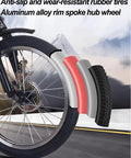Three Wheel Cruiser Trike For Seniors And Adults With Hydraulic Front Fork Dual Brakes Movable Large Seat With Backrest Comfy Ride Adjustable Position Pneumatic Spoke Tires Blue close-up of front tire with aluminum alloy rim and anti-slip rubber