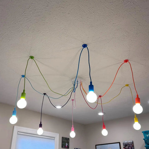 Eight-Arm Spider Pendant Light Chandelier For Kids Room And Living Areas, colorful wires, modern industrial style on ceiling