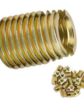Top Pick Heavy Duty 20Pcs Carbon Steel Self Tapping Thread Inserts Yellow Zinc Plated close-up of detail with several inserts.