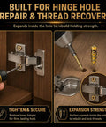 30 Pcs Heavy Duty Expansion Screw Kit showing hinge repair with expansion anchor for secure cabinet hinge restoration.
