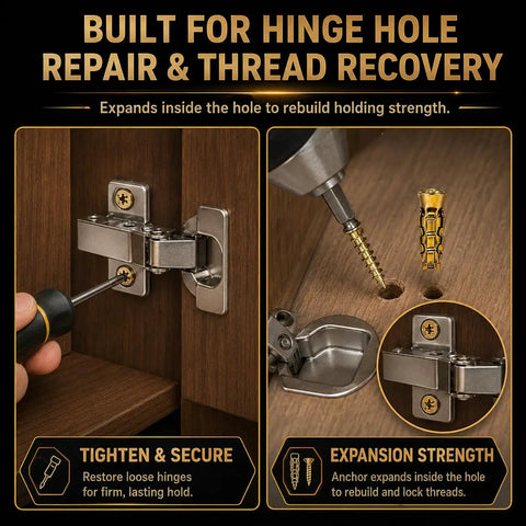 30 Pcs Heavy Duty Expansion Screw Kit showing hinge repair with expansion anchor for secure cabinet hinge restoration.
