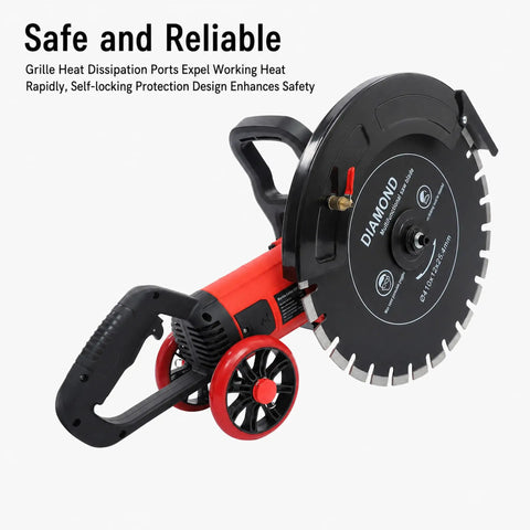 4000 Watt Electric Concrete Saw With 16 Inch Diamond Blade For Wet Or Dry Cutting Zero Downtime Heavy Duty Masonry Cutter showing heat dissipation ports.