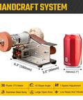 3 In 1 Mini Belt Sander With Knife Sharpener And Electric Bench Grinder For Metal And Wood DIY Handcraft Beast Mode Power Seven Speed Adjustable Polisher next to a soda can for size comparison