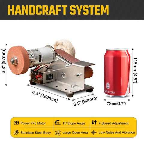 3 In 1 Mini Belt Sander With Knife Sharpener And Electric Bench Grinder For Metal And Wood DIY Handcraft Beast Mode Power Seven Speed Adjustable Polisher next to a soda can for size comparison