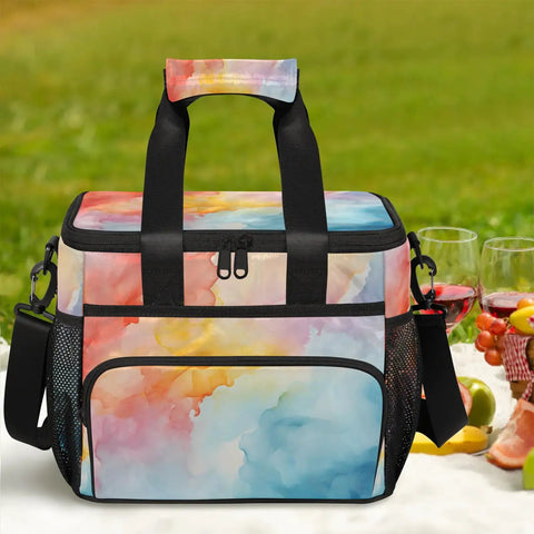 Insulated Picnic Backpack Lunch Bag For Women And Men, vibrant design, large capacity, on a picnic blanket with fruit and wine glasses.