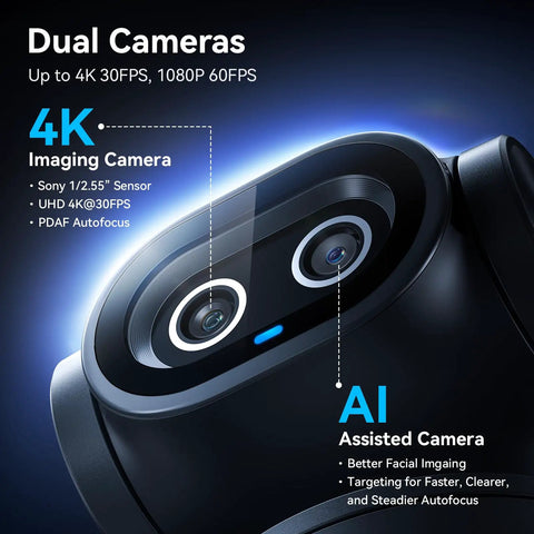 Next Level Dual Camera AI Powered PTZ 4K Webcam Featuring Smooth Face Tracking And Crisp Auto Focus For Top Tier Live Streaming And Flawless Professional Video Calls Absolute Game Changer For Content Creators And Remote Teams, showing dual lenses and 4K capability.