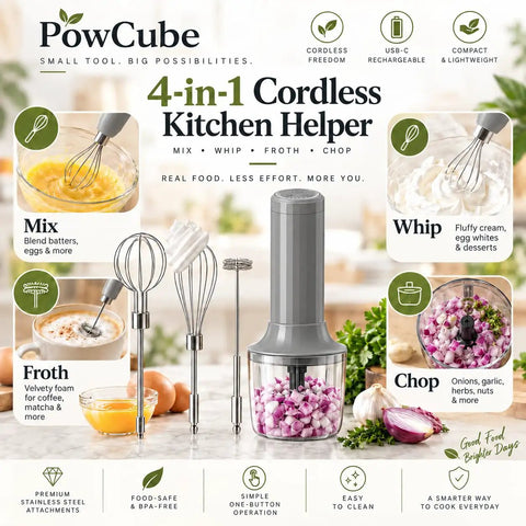 4-in-1 Cordless Hand Mixer, Kickass 4-In-1 Electric Kitchen Whip With Built-In Whisk Frother And Ten-Ounce Mini Food Chopper displayed with various attachments.