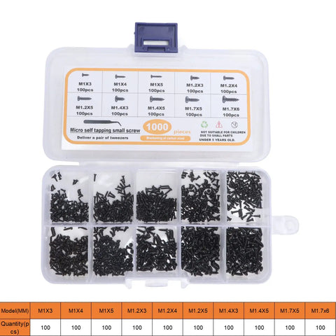 Beefy 1000Pcs Self Tapping Small Screws Assortment Kit With Carbon Steel Cross Pan Head Miniature Screws in storage box