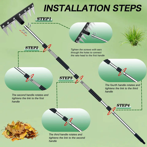 Diagram showing installation steps for Upgraded 8 Tines Stainless Steel Weeding Tool With Adjustable Length Handle And Four Interlocking Sections