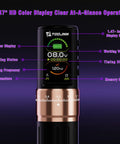 Close-up of OLED display on All In One Wireless Tattoo Pen Kit With OLED Display For Beginners Includes Cartridges Practice Skin Ink Cups Gloves Type C Cable And 2400mAh Battery For At Home Tattoo Practice showing settings and battery level.