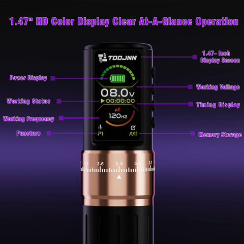 Close-up of OLED display on All In One Wireless Tattoo Pen Kit With OLED Display For Beginners Includes Cartridges Practice Skin Ink Cups Gloves Type C Cable And 2400mAh Battery For At Home Tattoo Practice showing settings and battery level.