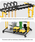 Mobile Garage Tool Organizer Cart On Wheels For Home And Garden with broom holder, shovel, rake carrier, and storage space.