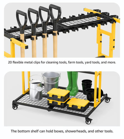 Mobile Garage Tool Organizer Cart On Wheels For Home And Garden with broom holder, shovel, rake carrier, and storage space.