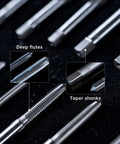 Close-up of Pro Grade 39 Piece SAE Tap And Die Set showing deep flutes and taper shanks for threading repairs