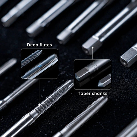 Close-up of Pro Grade 39 Piece SAE Tap And Die Set showing deep flutes and taper shanks for threading repairs