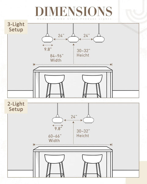 Dimensions chart for JAZAVA 9.8 Inch Brushed Nickel Pendant Lights Kitchen Island,Bubble Glass setups.