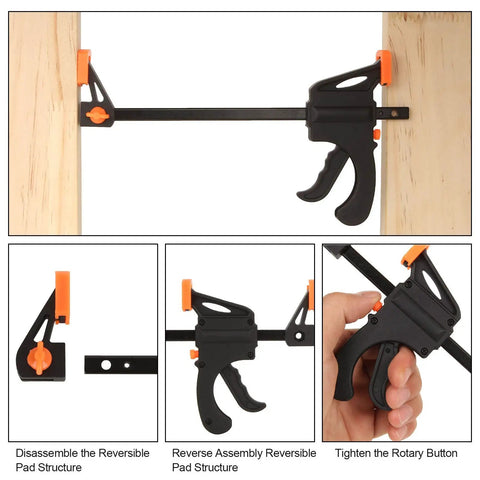 4 Inch Bar Clamps For Woodworking 8 Pack Quick Grip One Handed Ratchet Clamps on wood, showing reversible pad details