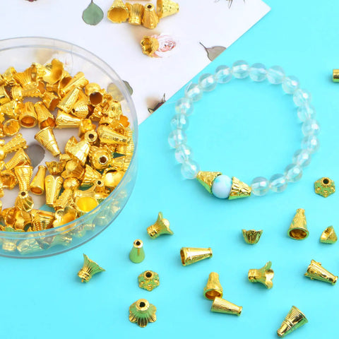 Bright Golden Mixed Flower Spacer Bead Caps Set Alloy Cone Bead Caps Jewelry Findings For DIY Bracelet Necklace Tassel Crafts Decor