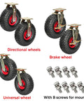 Heavy Duty Rubber Caster With 450 Pounds Load Capacity For Industrial Jobs Featuring Hella Smooth Shock Absorbing Inflatable Wheels And Brake Equipped Swivel Castors That Glide Like A Champ With Kickass Durability showing four different wheel types and mounting screws.