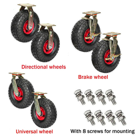 Heavy Duty Rubber Caster With 450 Pounds Load Capacity For Industrial Jobs Featuring Hella Smooth Shock Absorbing Inflatable Wheels And Brake Equipped Swivel Castors That Glide Like A Champ With Kickass Durability showing four different wheel types and mounting screws.