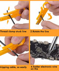 Close-up of 80W Soldering Iron Kit With Multimeter And LCD Temperature Display, stripping cable and soldering on PCB board.