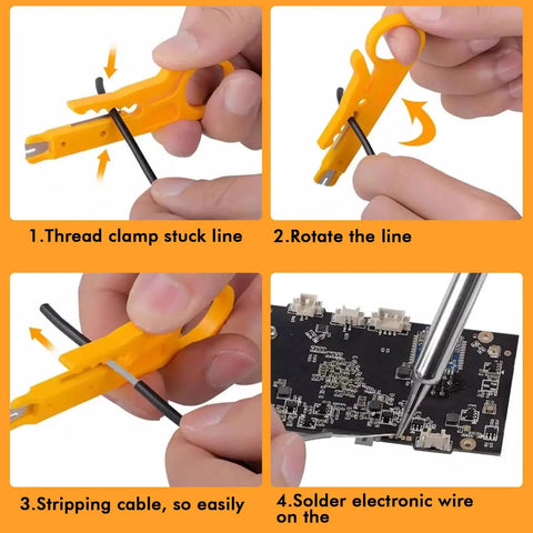 Close-up of 80W Soldering Iron Kit With Multimeter And LCD Temperature Display, stripping cable and soldering on PCB board.