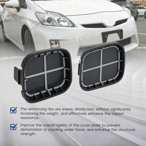 Front Bumper Tow Hook Eye Cap Covers Left And Right Replacement For Prius 2010 2011 2012 Easy Install No Tools Needed ABS Plastic Durable OEM Style Matching Front Bumper Accessories displayed in front of white car
