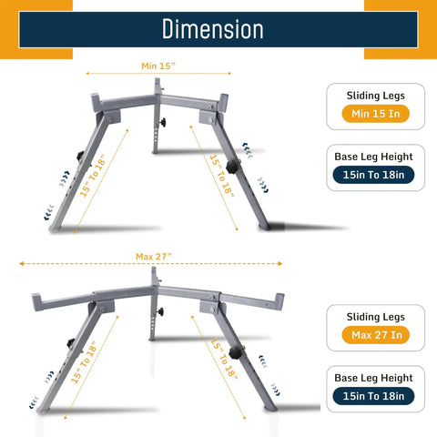 Fully Adjustable Carbon Steel Fire Pit Stand For Solo Stove Bonfire Yukon Ranger showing adjustable dimensions 15 to 27 inches