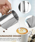 Stainless Steel Milk Frothing Pitcher Set 12oz pouring milk into a cappuccino, detailed spout and handle close-up.