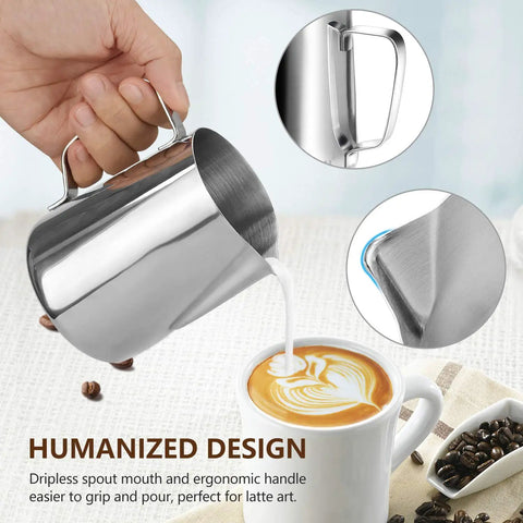 Stainless Steel Milk Frothing Pitcher Set 12oz pouring milk into a cappuccino, detailed spout and handle close-up.